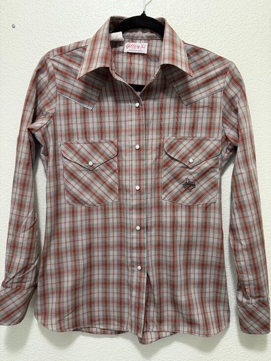 Gilley's Other - Gilley's vintage plaid western shirt, pearl snap, long sleeve, collared, small